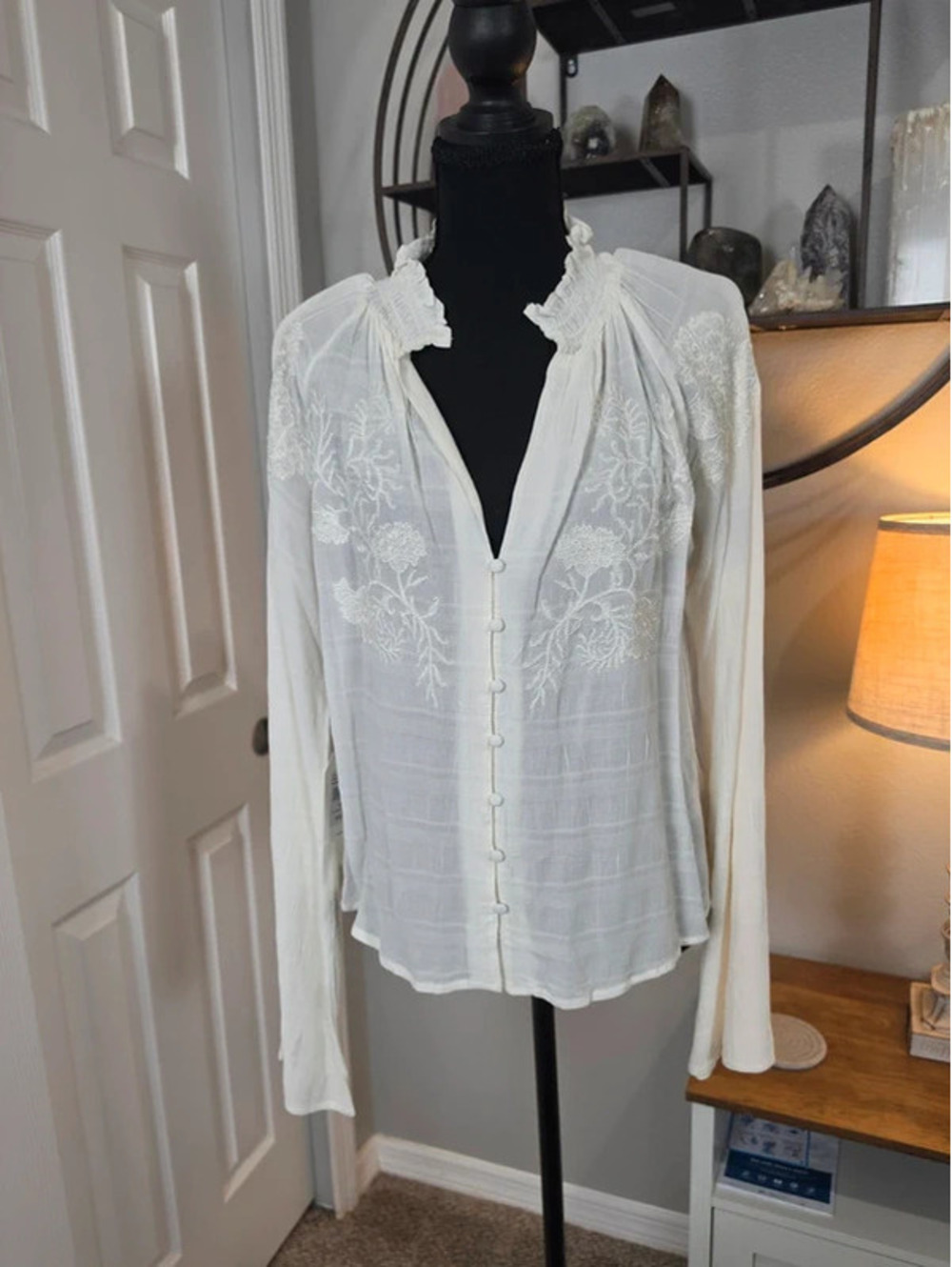 Womens Cleo & Wolf cream colored embroidered Top.